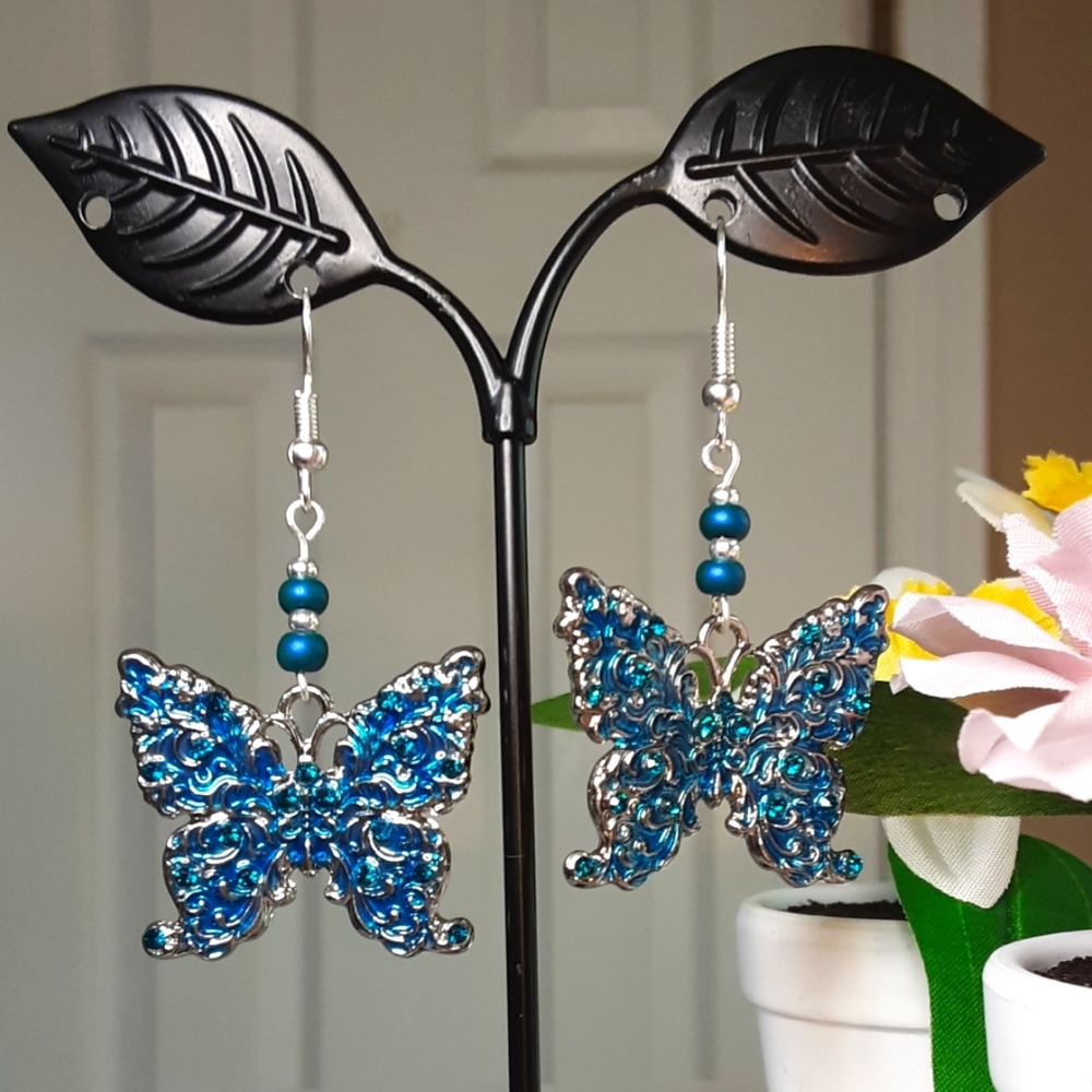 handmade Butterfly Earrings Rhinestones Blue